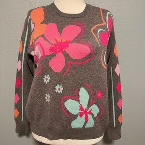 THML Floral Graphic Sweater Gray Crewneck Boho Boutique Pullover Artsy Medium